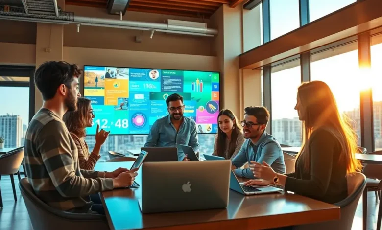 Um grupo de nômades digitais discutindo ideias de negócios online.