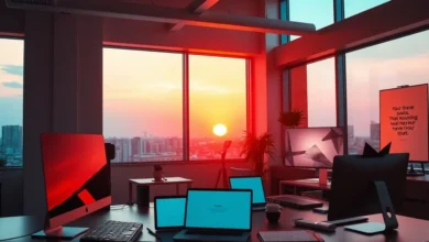 Cenário de ateliê digital ao amanhecer.