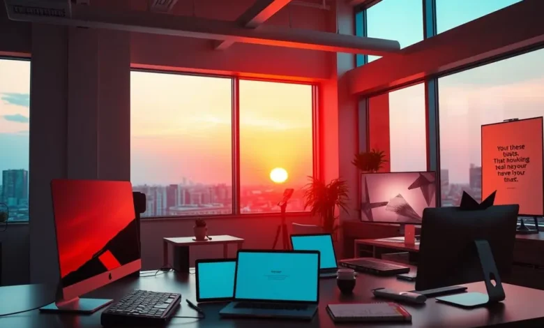 Desvendando o Empreendedorismo: 10 Mitos e Verdades que Todo Aspirante deve Conhecer - Web Nômade Digital Cenário de ateliê digital ao amanhecer.