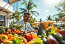 Nutricionista nômade digital trabalhando com laptop e alimentos frescos