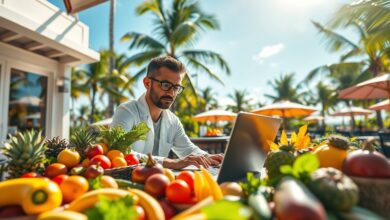 Nutricionista nômade digital trabalhando com laptop e alimentos frescos