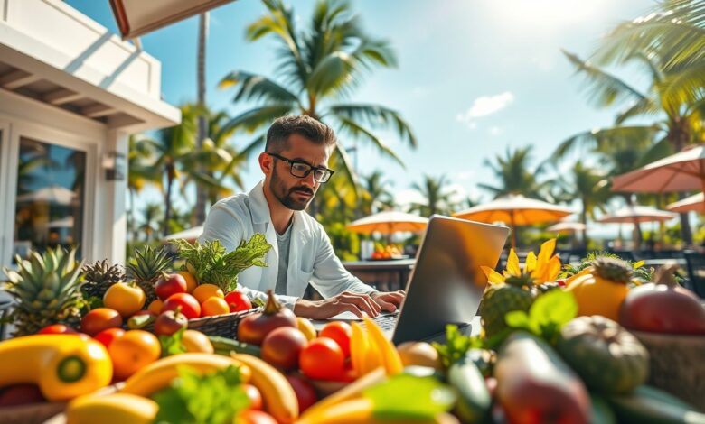 Países com visto de nômade digital para nutricionistas: Guia Completo - Web Nômade Digital Nutricionista nômade digital trabalhando com laptop e alimentos frescos