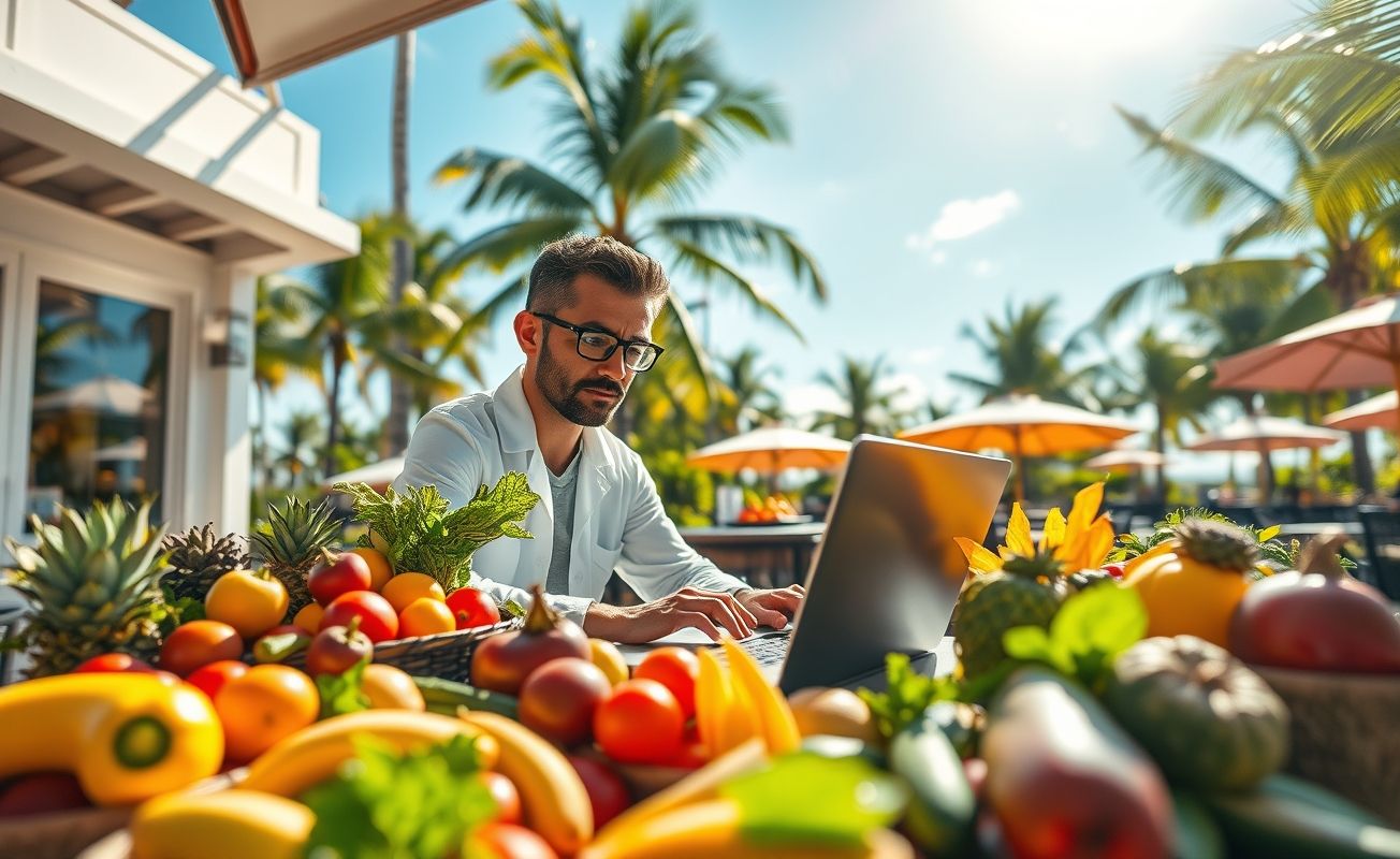 Nutricionista nômade digital trabalhando com laptop e alimentos frescos