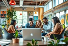 Grupo de nômades digitais colaborando em um espaço de trabalho.