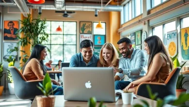 Grupo de nômades digitais colaborando em um espaço de trabalho.