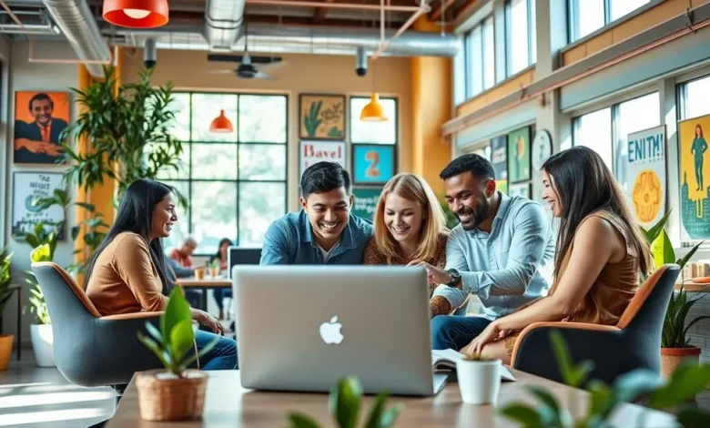Grupo de nômades digitais colaborando em um espaço de trabalho.