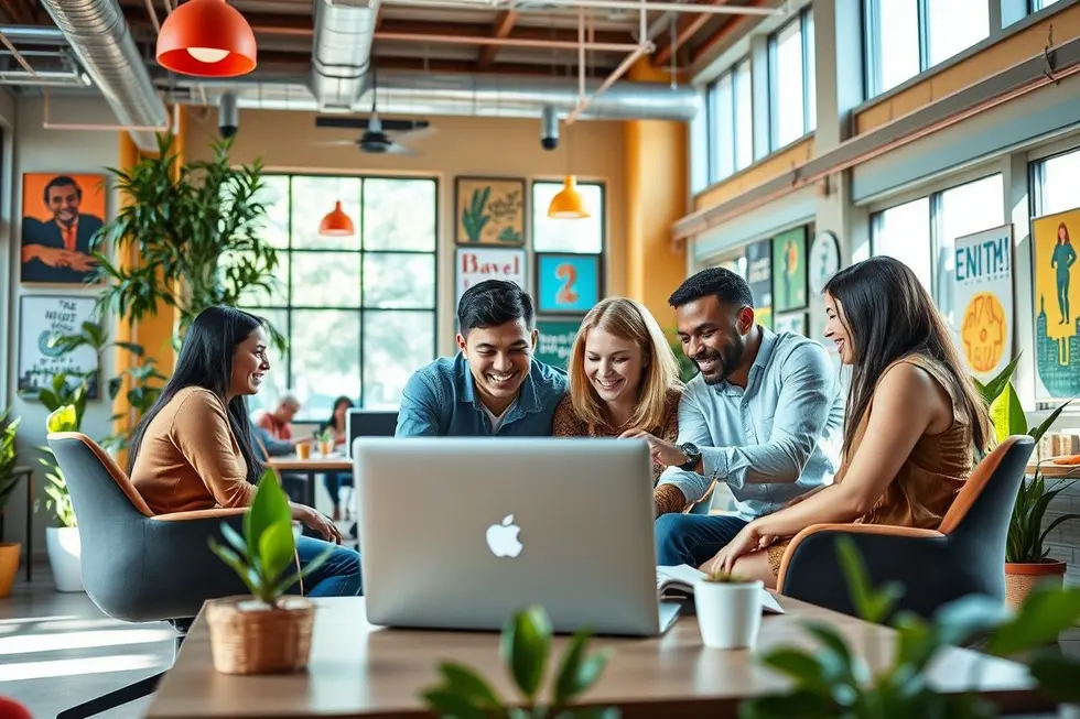 Grupo de nômades digitais colaborando em um espaço de trabalho.