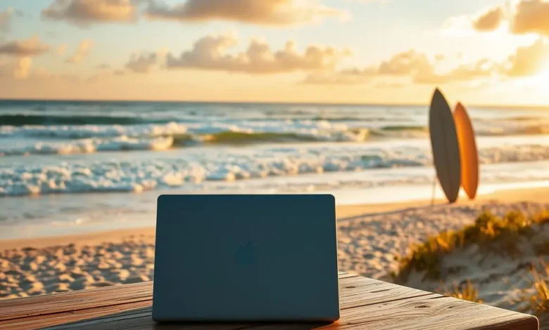 7 Estratégias de Gestão Estratégica para Aumentar Lucros Online - Web Nômade Digital Um nômade digital trabalhando na praia, simbolizando liberdade.