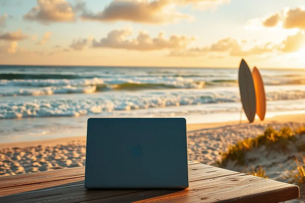 Um nômade digital trabalhando na praia, simbolizando liberdade.