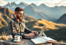 Nômade digital trabalhando ao ar livre com vista para montanhas