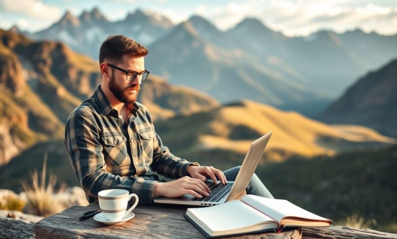 Nômade digital trabalhando ao ar livre com vista para montanhas