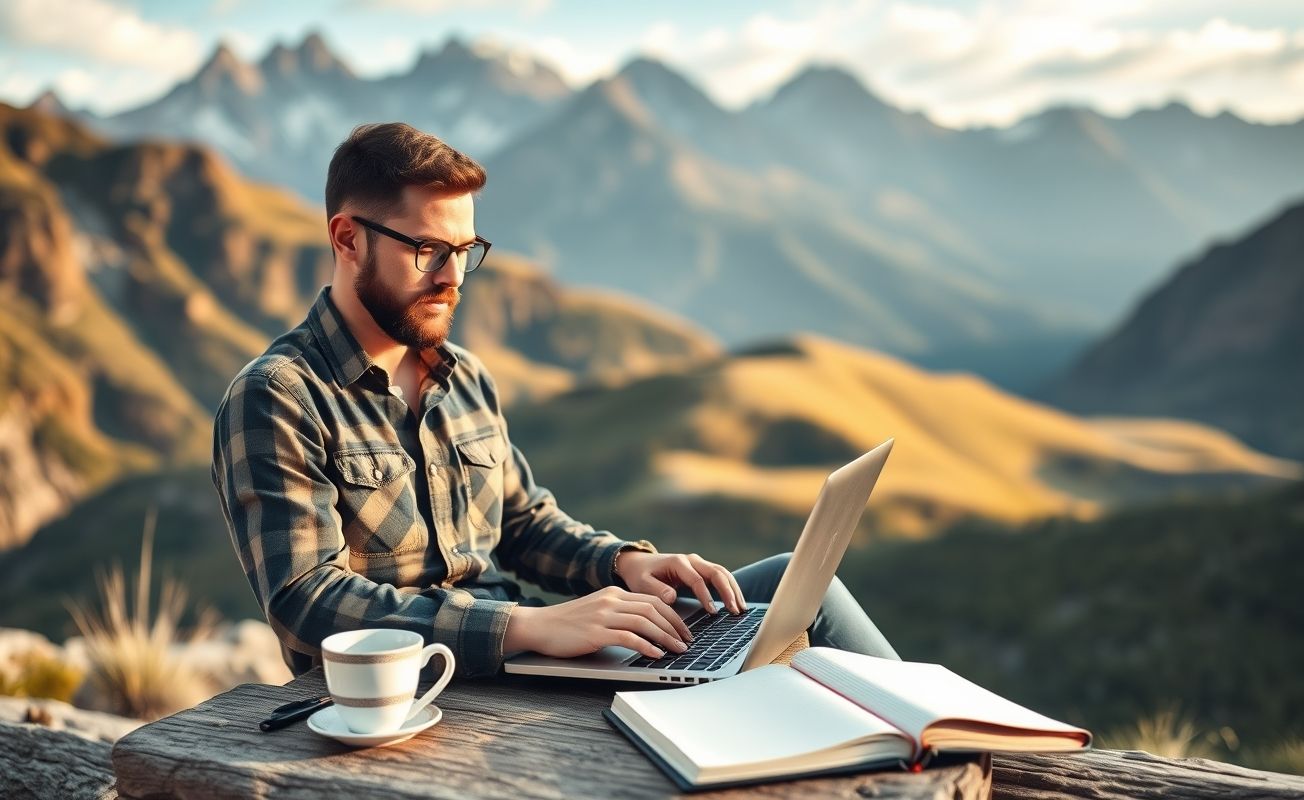 Nômade digital trabalhando ao ar livre com vista para montanhas