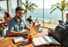 Nômade digital trabalhando remotamente em local paradisíaco