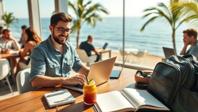 Nômade digital trabalhando remotamente em local paradisíaco