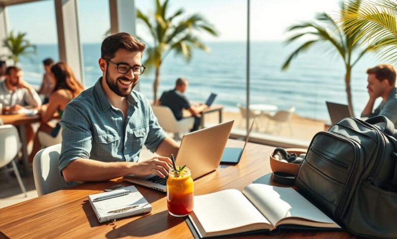 Qualidade de Vida Nômades: Como Equilibrar Trabalho, Saúde e Aventura - Web Nômade Digital Nômade digital trabalhando remotamente em local paradisíaco