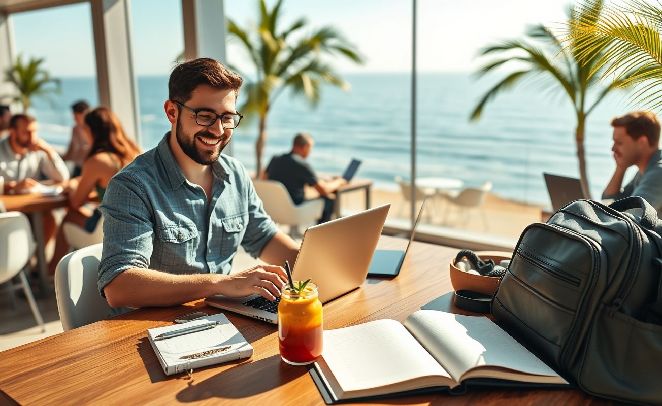 Nômade digital trabalhando remotamente em local paradisíaco