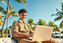 Nômade digital trabalhando como recepcionista remoto em praia tropical