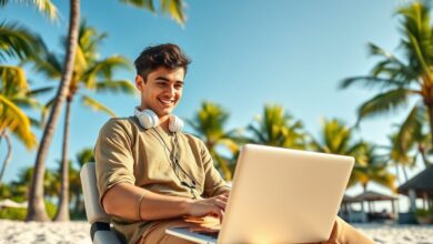 Nômade digital trabalhando como recepcionista remoto em praia tropical