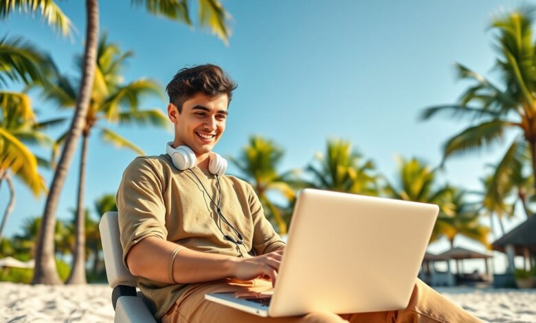 Nômade digital trabalhando como recepcionista remoto em praia tropical