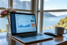Espaço de trabalho remoto com gerenciamento de clientes visível em um laptop.