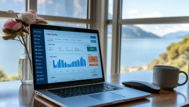 Espaço de trabalho remoto com gerenciamento de clientes visível em um laptop.