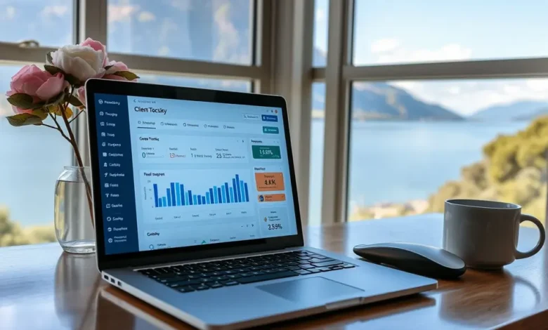 Espaço de trabalho remoto com gerenciamento de clientes visível em um laptop.