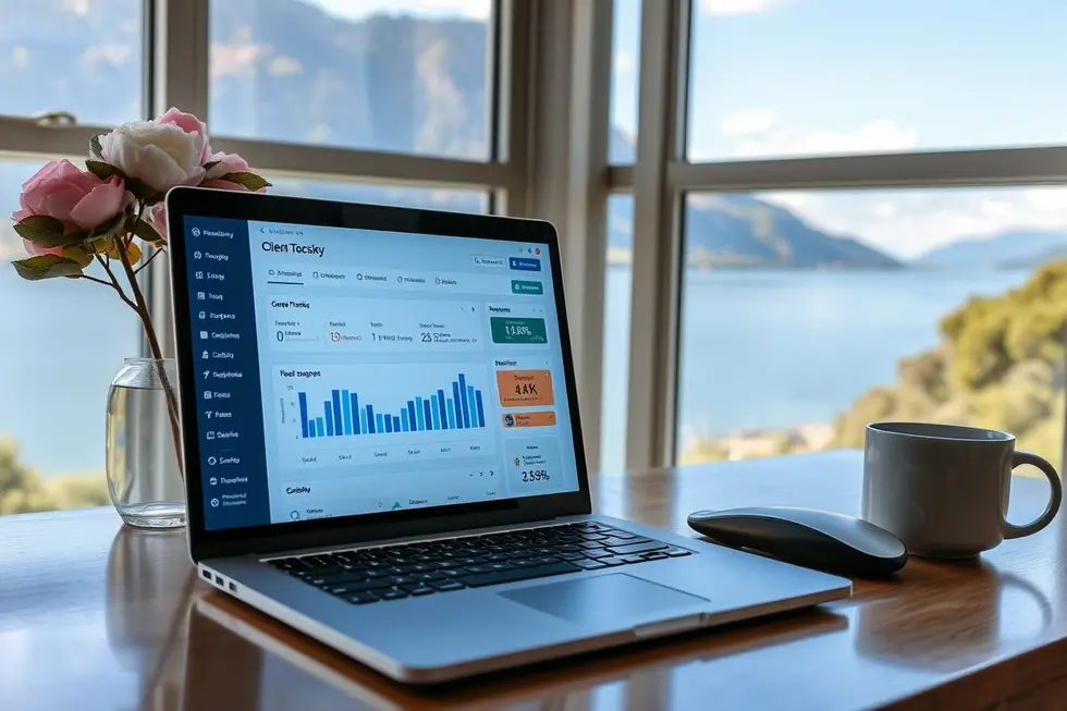 Espaço de trabalho remoto com gerenciamento de clientes visível em um laptop.