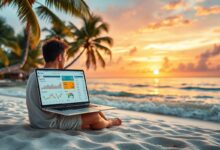 Nômade digital gerando renda passiva na praia
