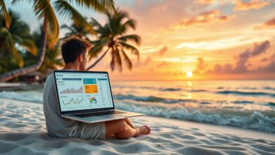 Nômade digital gerando renda passiva na praia