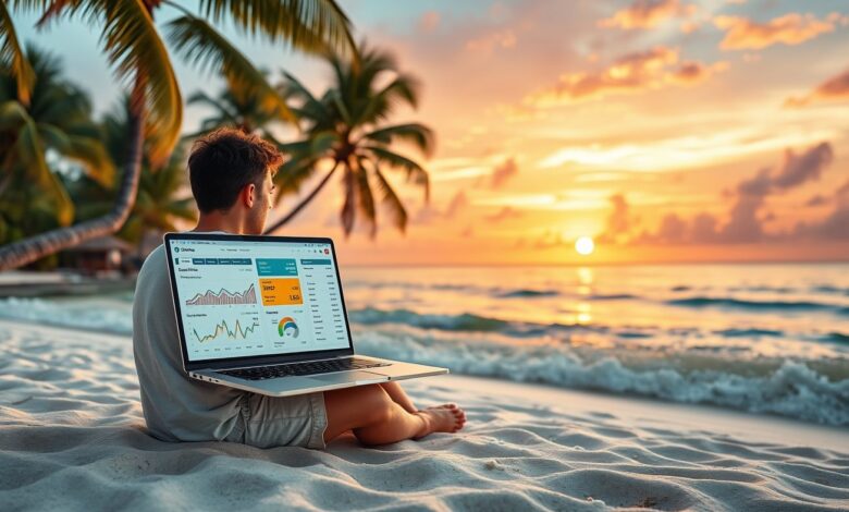 Renda Passiva para Nômades Digitais: Como Criar Liberdade Financeira em Qualquer Lugar do Mundo - Web Nômade Digital Nômade digital gerando renda passiva na praia