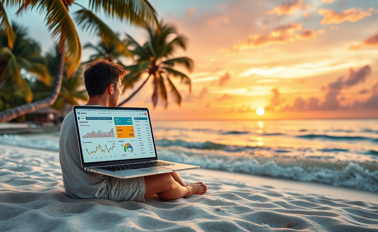 Nômade digital gerando renda passiva na praia