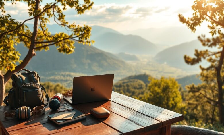 Rotas Nômades: Os Melhores Itinerários para Nômades Digitais em 2024 - Web Nômade Digital Nômade digital trabalhando em laptop com paisagem natural