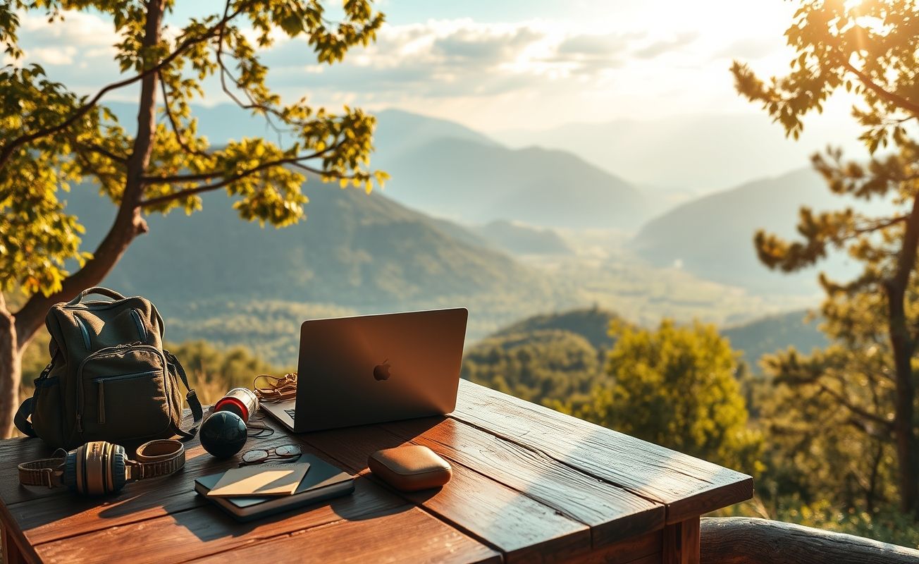 Nômade digital trabalhando em laptop com paisagem natural