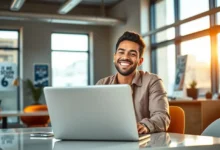 Empreendedor bem-sucedido sorrindo diante de um laptop.