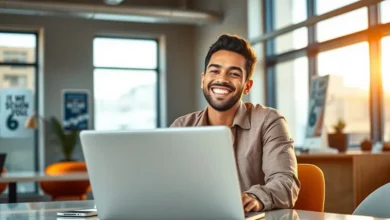 Empreendedor bem-sucedido sorrindo diante de um laptop.