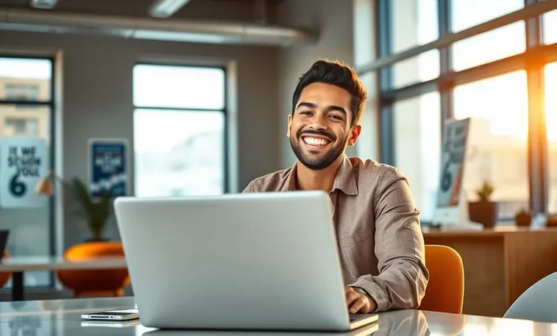 Empreendedor bem-sucedido sorrindo diante de um laptop.
