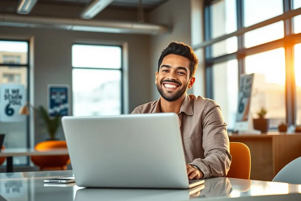 Empreendedor bem-sucedido sorrindo diante de um laptop.