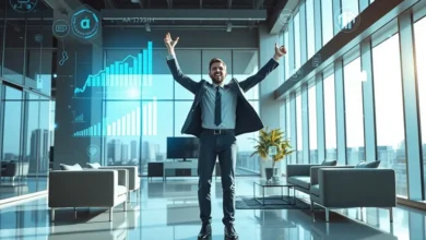 Pessoa de negócios celebrando sucesso em um ambiente moderno.