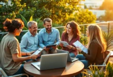 Grupo de empreendedores digitais reunido, colaborando em estratégias de negócios.