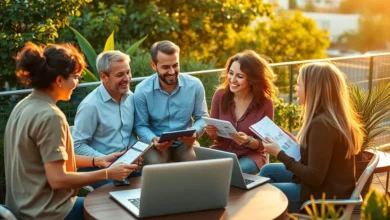 Grupo de empreendedores digitais reunido, colaborando em estratégias de negócios.