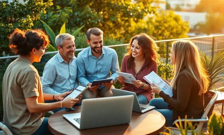7 Estratégias Infalíveis para Aumentar a Rentabilidade do Seu Negócio Digital - Web Nômade Digital Grupo de empreendedores digitais reunido, colaborando em estratégias de negócios.