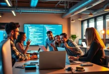 Grupo de pessoas trabalhando em um projeto digital, simbolizando o empreendedorismo colaborativo.