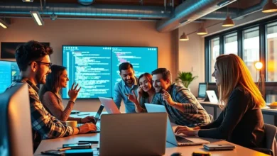 Grupo de pessoas trabalhando em um projeto digital, simbolizando o empreendedorismo colaborativo.