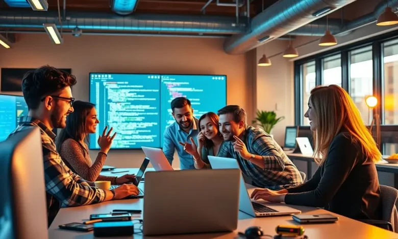 Grupo de pessoas trabalhando em um projeto digital, simbolizando o empreendedorismo colaborativo.