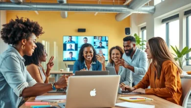 Grupo diversificado de profissionais trabalhando remotamente em um ambiente colaborativo.