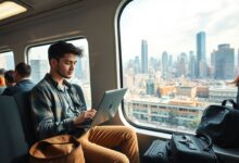 Nômade digital trabalhando em transporte público