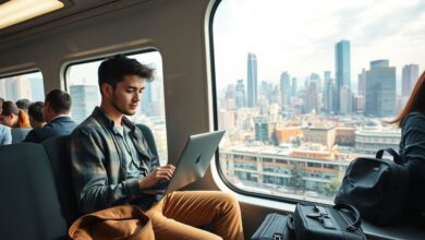 Nômade digital trabalhando em transporte público