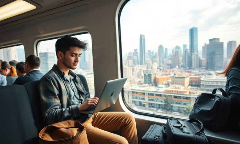 Nômade digital trabalhando em transporte público