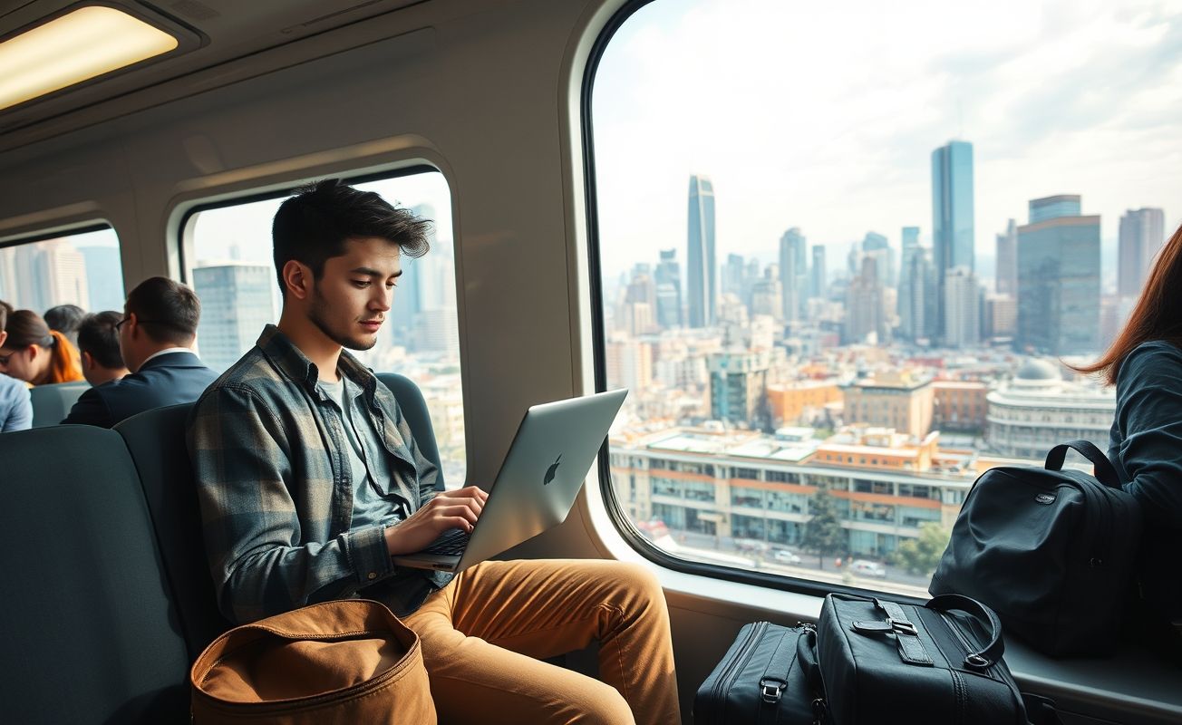 Nômade digital trabalhando em transporte público