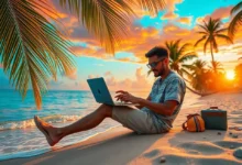 Nômade digital trabalhando ao pôr do sol em uma paisagem tropical.